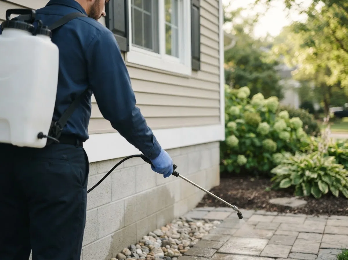 Pest control technician inspecting a home in Wesley Chapel, FL
